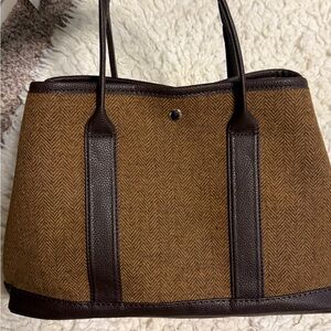 Garden style Brown Herringbone Tote Bag with Dark Brown Straps